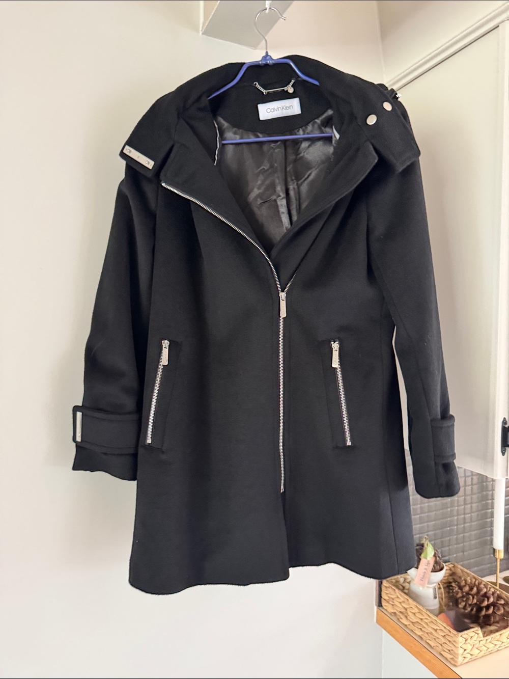Calvin Klein Black Wool-Blend Asymmetrical Zip Pea Coat
